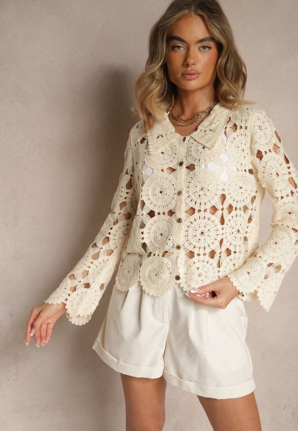 Renee - Beżowa Bawełniana Koszula w Stylu Boho z Ażurowej Tkaniny Baniria. Okazja: na co dzień. Kolor: beżowy. Materiał: bawełna, tkanina. Długość rękawa: długi rękaw. Długość: długie. Wzór: ażurowy. Styl: boho