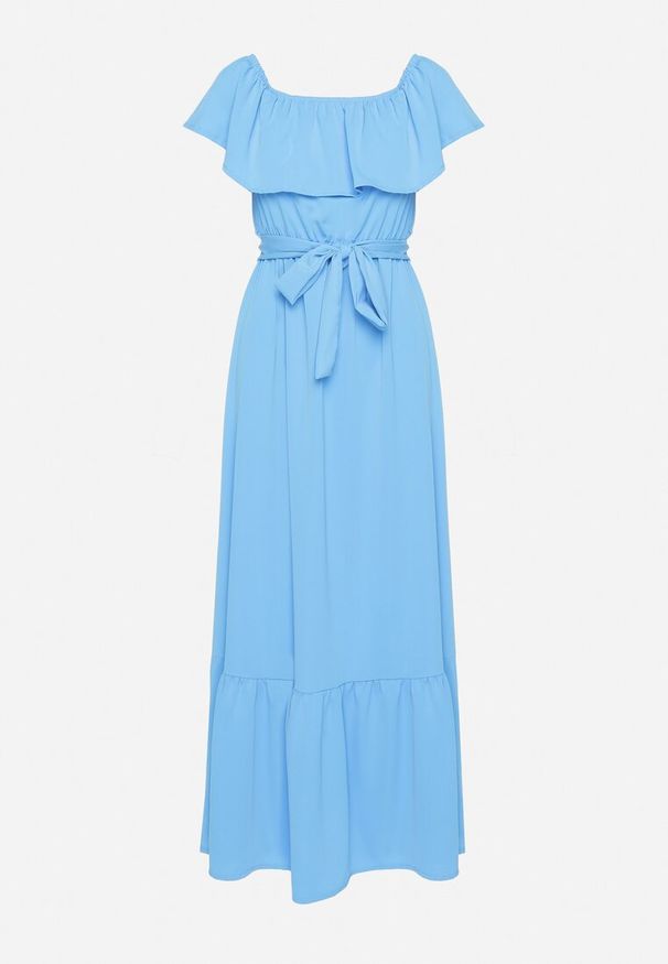 Born2be - Niebieska Sukienka o Rozkloszowanym Fasonie z Hiszpańskim Dekoltem i Materiałowym Paskiem Nacara. Okazja: na co dzień. Kolor: niebieski. Materiał: materiał. Długość rękawa: krótki rękaw. Sezon: lato. Typ sukienki: proste. Styl: casual