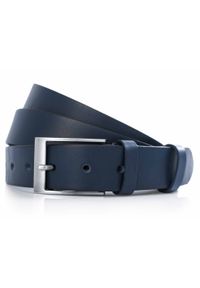 Modini - Granatowy pasek męski KMG73. Kolor: niebieski. Materiał: skóra, jeans. Styl: elegancki, klasyczny #1