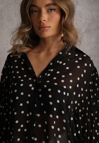 Renee - Czarna Koszula z Wiskozy i Bawełny Zdobiona Groszkami i Plisami na Rękawach Osharus. Okazja: na co dzień. Kolor: czarny. Materiał: wiskoza, bawełna. Wzór: aplikacja, grochy. Styl: casual #5