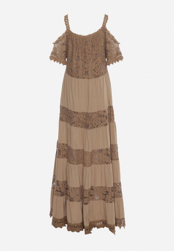 Born2be - Brązowa Rozkloszowana Wiskozowa Sukienka na Ramiączkach z Koronką Lerika. Okazja: na co dzień. Kolor: brązowy. Materiał: wiskoza, koronka. Długość rękawa: na ramiączkach. Wzór: koronka. Typ sukienki: rozkloszowane. Styl: elegancki, casual