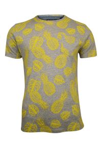 Szary T-Shirt (Koszulka) z Nadrukiem -Brave Soul- Męski, w Żółte Ananasy, Owoce, z Kieszonką. Okazja: na co dzień. Kolor: złoty, wielokolorowy, żółty. Materiał: wiskoza, bawełna. Wzór: nadruk. Styl: casual