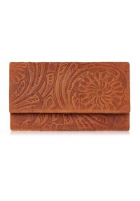 PAOLO PERUZZI - Portfel damski skórzany vintage w kwiaty pomarańczowy duży Paolo Peruzzi T-108-HOR. Kolor: pomarańczowy. Materiał: skóra. Wzór: kwiaty #1
