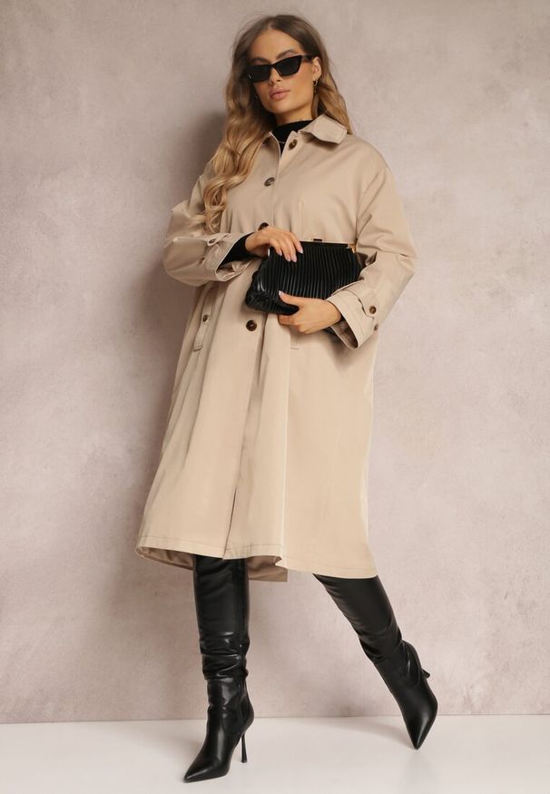 Renee - Beżowy Płaszcz Trencz Oversize Flilia. Kolor: beżowy. Długość: krótkie