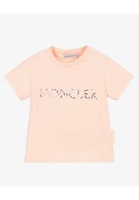 MONCLER KIDS - Różowa koszulka z logo 0-3 lat. Kolor: wielokolorowy, różowy, fioletowy. Materiał: jersey. Długość rękawa: krótki rękaw. Wzór: napisy, paisley. Sezon: lato