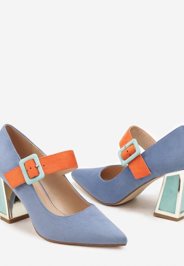 Born2be - Niebieskie Czółenka na Obcasie Ozdobione Paskiem ze Sprzączką Enathlin. Okazja: na co dzień. Zapięcie: pasek. Kolor: niebieski. Materiał: bawełna. Wzór: aplikacja. Obcas: na obcasie. Styl: casual, elegancki, klasyczny, wizytowy. Wysokość obcasa: średni