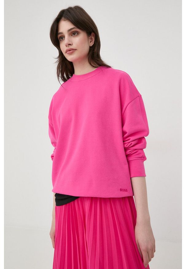 BOSS bluza damska kolor różowy gładka. Kolor: różowy. Materiał: materiał, poliester, dzianina. Długość rękawa: długi rękaw. Długość: długie. Wzór: gładki