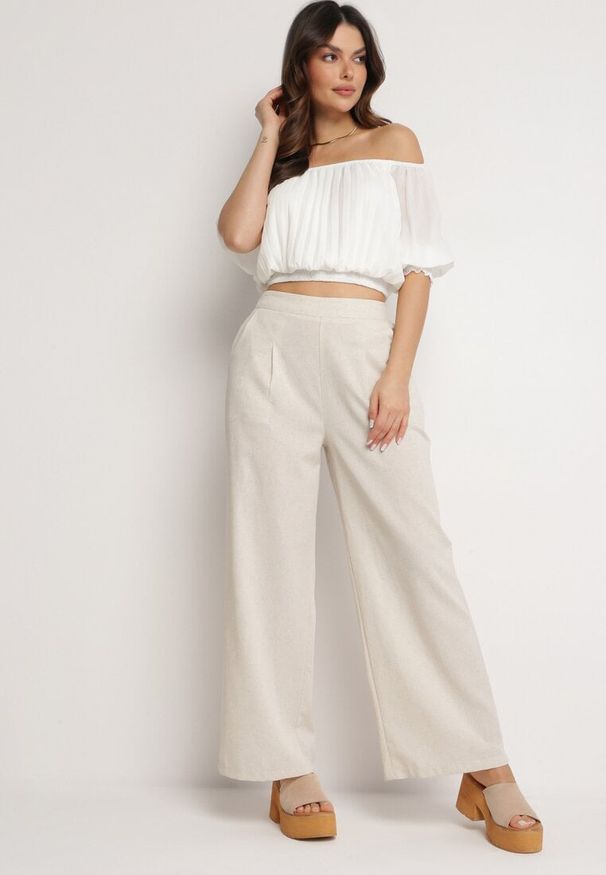 Born2be - Beżowe Szerokie Spodnie z Gumką w Talii z Lnem Araniells. Kolor: beżowy. Materiał: len. Sezon: lato