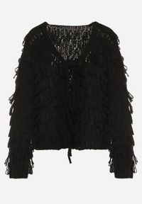 Born2be - Czarny Wiązany Kardigan z Dodatkiem Wełny i Wiskozy Zdobiony Frędzlami Tiravea. Okazja: na co dzień. Typ kołnierza: dekolt w serek. Kolor: czarny. Materiał: wełna, wiskoza. Długość rękawa: długi rękaw. Długość: długie. Wzór: aplikacja. Styl: casual, elegancki #2