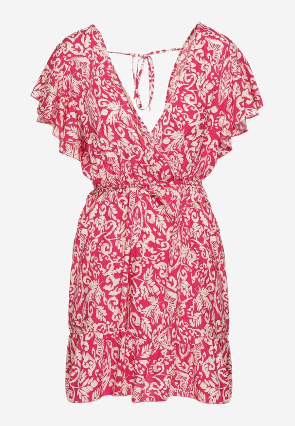 Renee - Fuksjowa Sukienka z Bawełny o Rozkloszowanym Kroju Ozdobiona Falbanami i Gumką w Talii Neliaura. Okazja: na imprezę, na co dzień. Typ kołnierza: dekolt w kształcie V. Kolor: różowy. Materiał: bawełna. Wzór: aplikacja. Sezon: lato. Typ sukienki: rozkloszowane, proste. Styl: casual, elegancki