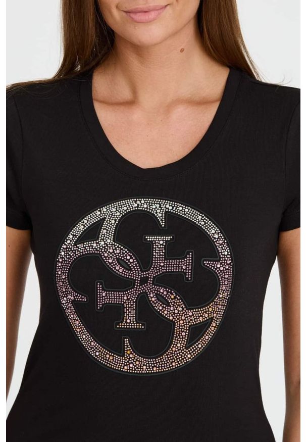 Guess - GUESS Czarny damski t-shirt 4G LOGO TEE, Rozmiar S. Kolor: czarny