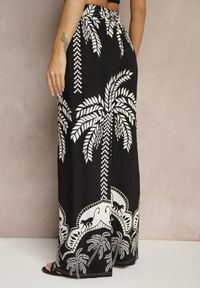 Renee - Czarne Spodnie z Wiskozy o Szerokim Kroju High Waist z Palmami Varritia. Okazja: na co dzień. Stan: podwyższony. Kolor: czarny. Materiał: wiskoza. Sezon: lato. Styl: elegancki, casual #5