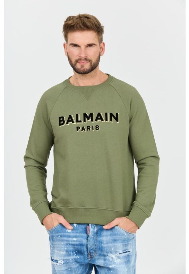 Balmain - BALMAIN Zielona męska bluza Flock&foil Sweatshirt, Rozmiar M. Kolor: zielony