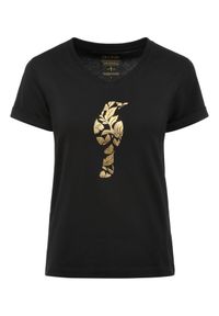 Ochnik - Czarny t-shirt damski z ozdobną wilgą. Kolor: czarny. Materiał: bawełna. Wzór: kwiaty. Styl: elegancki #3