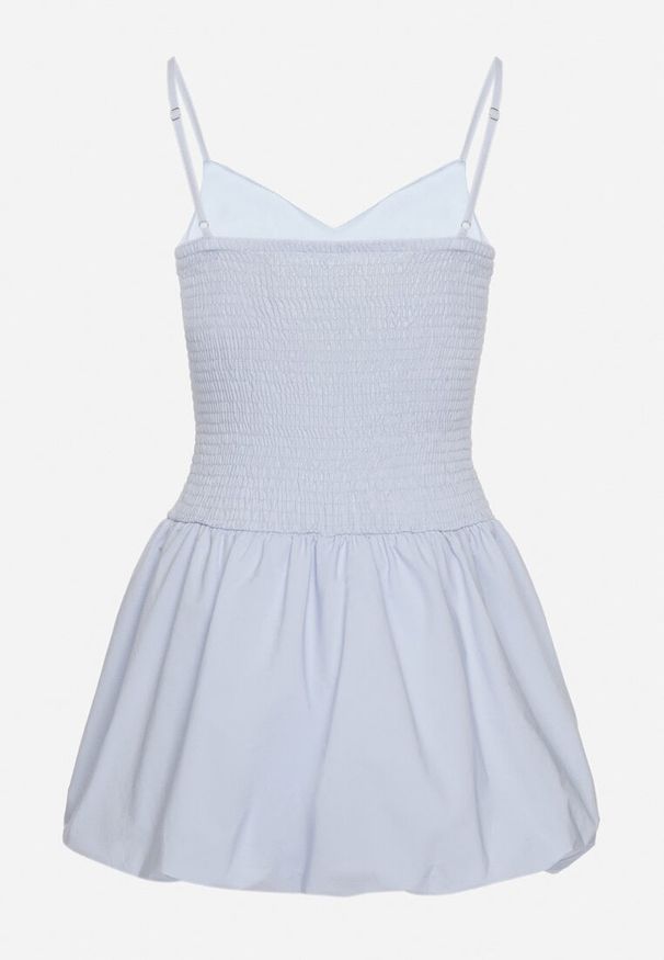 Born2be - Jasnoniebieska Sukienka Bombka na Cienkich Ramiączkach z Kokardą i Cyrkoniami Paliandria. Okazja: na imprezę. Typ kołnierza: kokarda. Kolor: niebieski. Długość rękawa: na ramiączkach. Wzór: aplikacja. Sezon: lato. Typ sukienki: bombki. Styl: elegancki