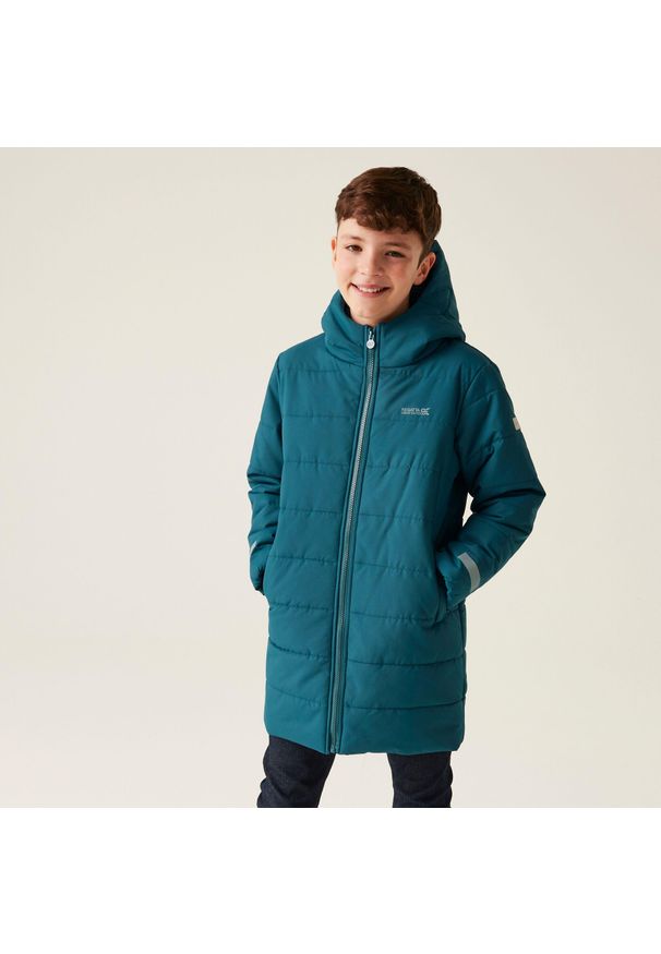 Regatta - Kurtka turystyczna dziecięca Lakiver pikowana. Kolor: niebieski, turkusowy, wielokolorowy. Styl: sportowy. Sport: turystyka piesza