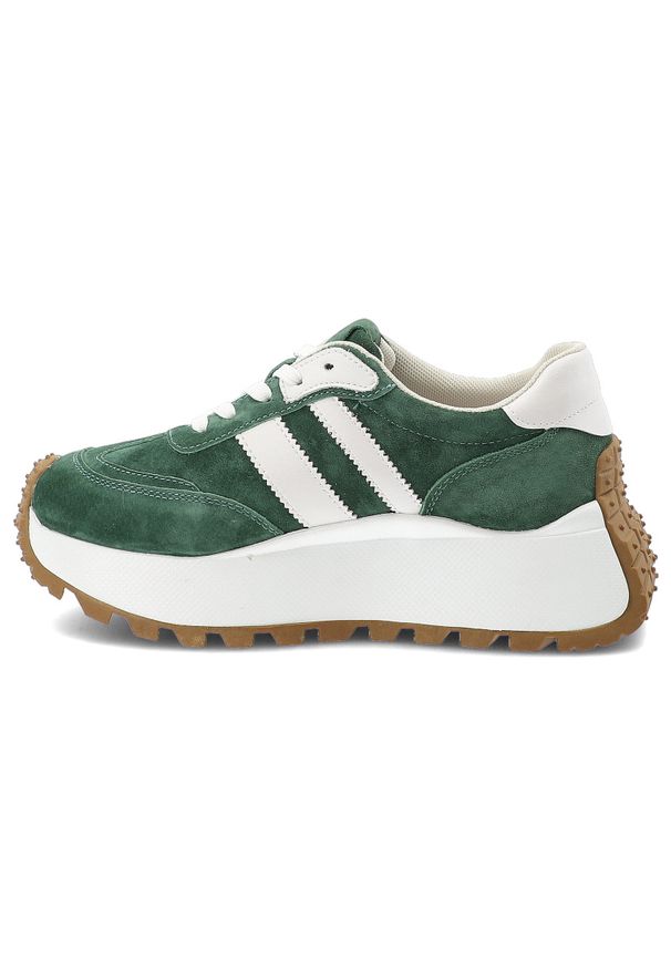 Sneakersy damskie S.Barski, cholewka skóra naturalna zamszowa wiązanie klasyczne kontrastowe paski fason niski zaokrąglony nosek masywna podeszwa spo. Okazja: na co dzień. Zapięcie: pasek. Kolor: zielony. Materiał: skóra, zamsz. Szerokość cholewki: normalna. Wzór: paski. Styl: klasyczny