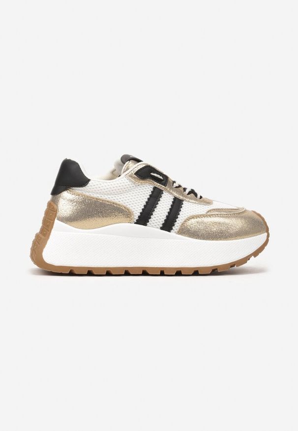 Born2be - Biało-Złote Sznurowane Sneakersy Vices na Grubej Podeszwie z Metaliczną Wstawką Nelenia. Okazja: na co dzień, do pracy. Kolor: biały. Materiał: jeans
