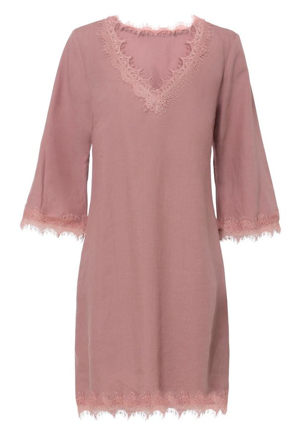Sukienka lniana TENCEL™ Lyocell bonprix różowobrązowy. Kolor: różowy. Materiał: len, lyocell. Wzór: koronka