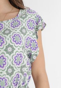 Born2be - Zielono-Fioletowa Bawełniana Sukienka Mini z Gumką w Talii Caara. Kolor: zielony. Materiał: bawełna. Długość: mini #2