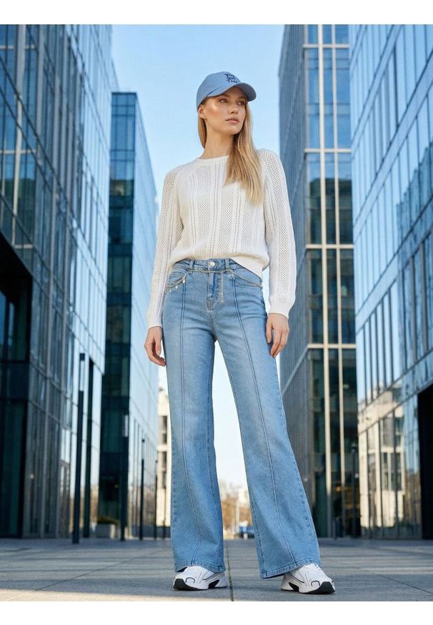 Sinsay - Ażurowy sweter z bawełną - kremowy. Kolor: kremowy. Materiał: bawełna. Wzór: ażurowy