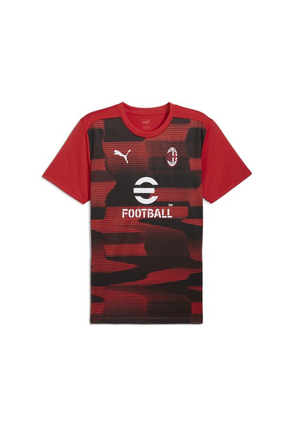 Puma - Męska koszulka przedmeczowa z krótkim rękawem AC Milan PUMA. Kolor: czerwony, wielokolorowy, czarny. Długość rękawa: krótki rękaw. Długość: krótkie. Sport: piłka nożna