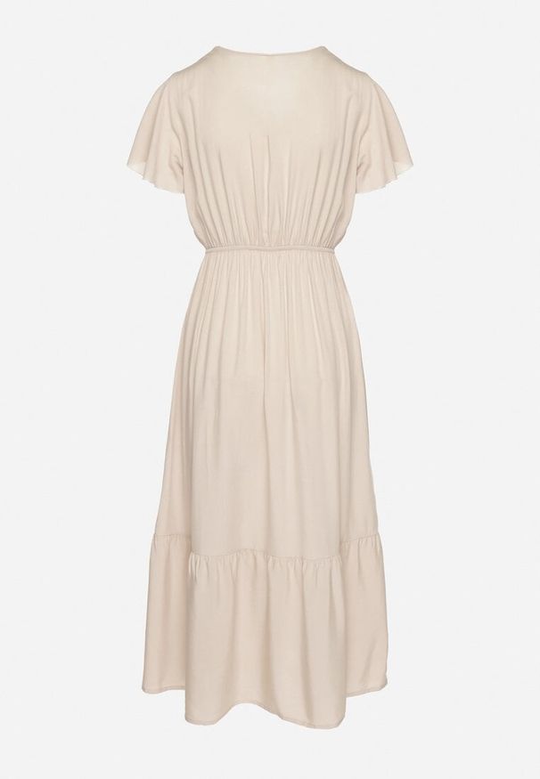 Born2be - Beżowa Bawełniana Sukienka o Rozkloszowanym Kroju z Wiązaniem w Talii Folarina. Okazja: na co dzień, na spacer. Typ kołnierza: dekolt w serek. Kolor: beżowy. Materiał: bawełna. Długość rękawa: krótki rękaw. Typ sukienki: rozkloszowane. Styl: casual, elegancki