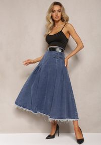 Renee - Niebieska Rozkloszowana Spódnica Jeansowa z Paskiem w Komplecie Grinna. Kolor: niebieski. Materiał: jeans #2