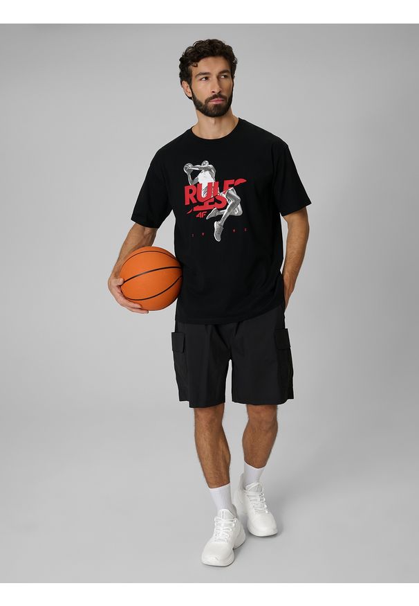 4f - 4F T-shirt loose z nadrukiem męski - czarny S. Okazja: na co dzień. Kolor: czarny. Materiał: dzianina, bawełna, materiał. Wzór: nadruk. Styl: casual