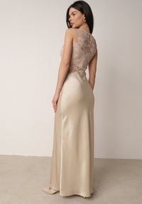 Born2be - Beżowa Koktajlowa Sukienka o Dopasowanym Kroju z Koronką Bermine. Okazja: do pracy, na wesele, na spotkanie biznesowe, na ślub cywilny. Kolor: beżowy. Materiał: koronka. Wzór: koronka. Typ sukienki: proste. Styl: wizytowy #4