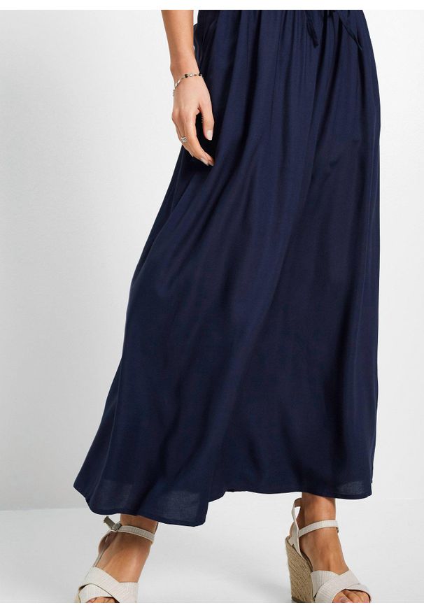 bonprix - Spódnica maxi z wiskozy z wygodnym ściągaczem w talii z wiązanym paskiem. Kolor: niebieski. Materiał: wiskoza. Wzór: nadruk. Styl: elegancki