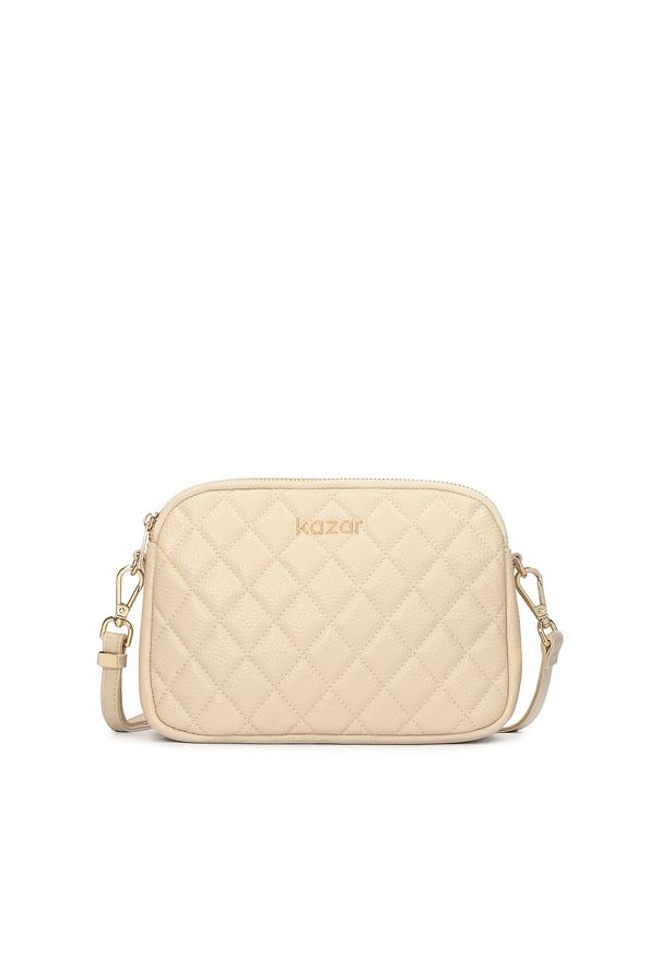 Kazar - Skórzana torebka na pasku zdobiona pikowaniem. Kolor: beżowy. Wzór: aplikacja. Materiał: skórzane. Styl: biznesowy, casual