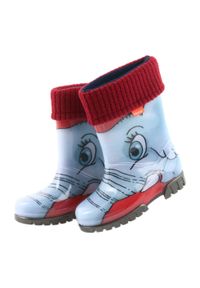 Demar buty dziecięce kalosze z ciepłą skarpetą czarne czerwone niebieskie szare. Kolor: czarny, czerwony, szary, wielokolorowy, niebieski. Materiał: guma, syntetyk, materiał. Wzór: motyw z bajki, aplikacja #6