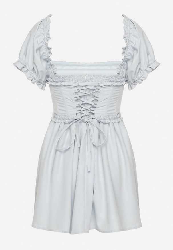 Born2be - Niebieska Sukienka Vices w Rustykalnym Stylu z Gorsetowym Wiązaniem Tolaviela. Okazja: na spacer, na imprezę. Typ kołnierza: dekolt gorset. Kolor: niebieski. Materiał: jeans. Wzór: aplikacja. Typ sukienki: gorsetowe. Styl: elegancki