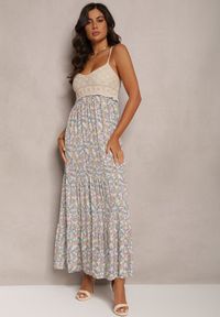Renee - Niebiesko-Zielona Maxi Wiskozowa Sukienka o Rozkloszowanym Fasonie w Kwiaty Ozdobiona Szydełkowym Wzorem Damrea. Kolor: zielony. Materiał: wiskoza. Długość rękawa: na ramiączkach. Wzór: aplikacja, kwiaty. Typ sukienki: rozkloszowane. Długość: maxi