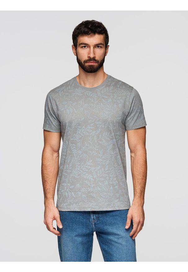 Ombre Clothing - T-shirt męski bawełniany z nadrukiem z motywem roślinnym - szara V3 - Rozmiar: M. Okazja: na co dzień, na spacer. Kolor: szary. Materiał: bawełna. Długość rękawa: krótki rękaw. Długość: krótkie. Wzór: nadruk. Styl: casual, klasyczny
