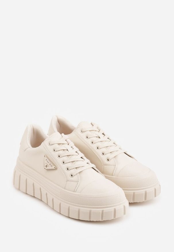 Renee - Beżowe Sneakersy VICES na Tłoczonej Podeszwie w Stylu Chunky Myninis. Okazja: na co dzień. Kolor: beżowy. Materiał: koronka, skóra. Obcas: na platformie