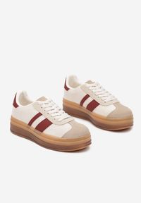 Born2be - Beżowo-Bordowe Płaskie Sneakersy Ozdobione Paskami Norili. Okazja: na co dzień. Zapięcie: pasek. Kolor: beżowy. Materiał: jeans. Wzór: aplikacja #5