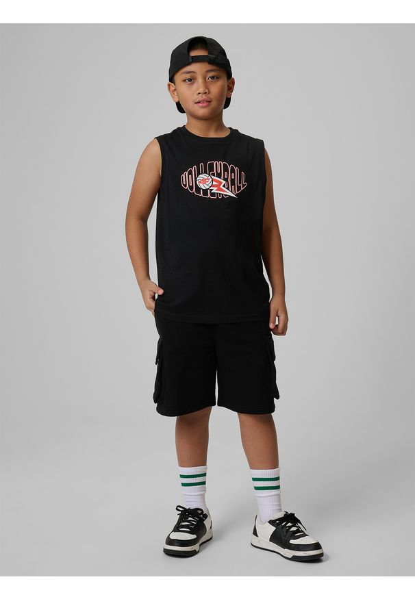 4f - 4F Koszulka bez rękawów loose z nadrukiem chłopięca - czarna 128 (7-8 lat). Kolor: czarny. Materiał: dzianina, bawełna, materiał. Długość rękawa: bez rękawów. Wzór: nadruk. Sezon: lato