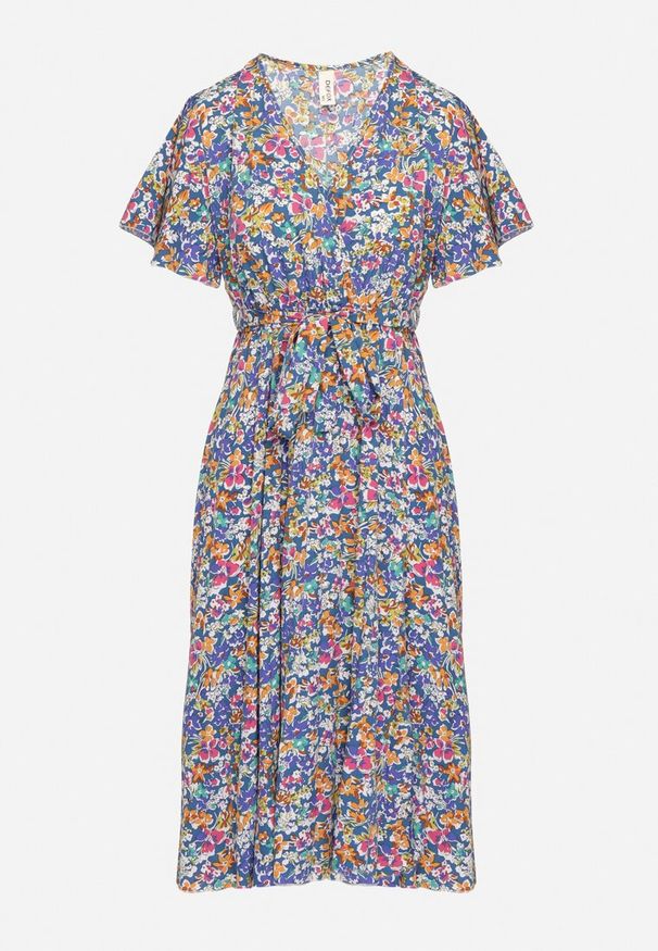 Born2be - Niebieska Rozkloszowana Sukienka w Kwiaty z Kopertowym Dekoltem Plisowana Lanasira. Kolor: niebieski. Wzór: kwiaty. Typ sukienki: kopertowe