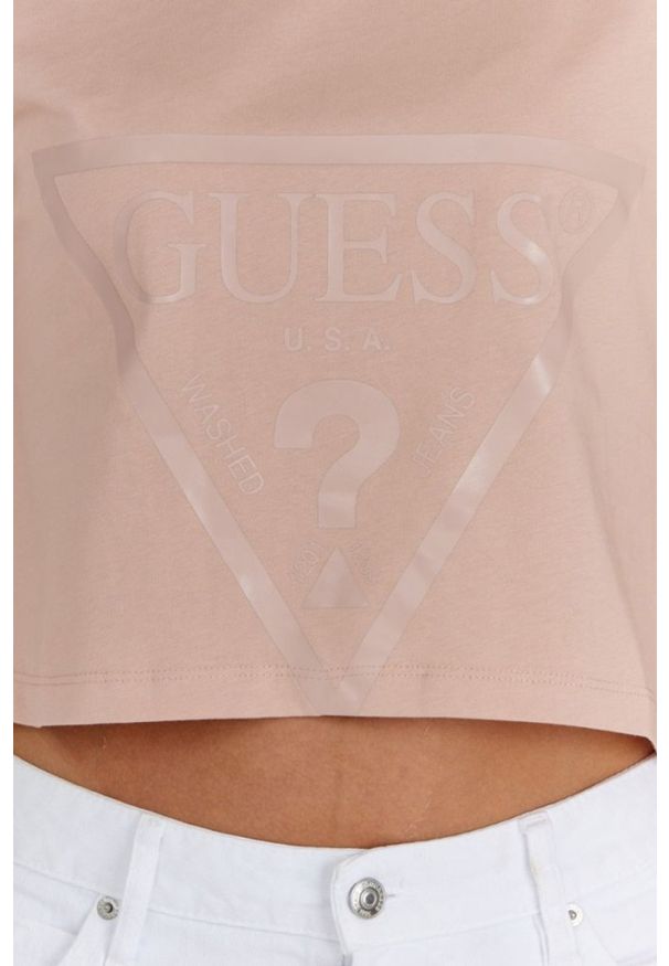 Guess - GUESS Krótki różowy t-shirt damski z logo, Rozmiar XS. Kolor: różowy. Materiał: bawełna. Długość: krótkie