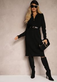 Renee - Czarna Sukienka z Wełną i Bawełną Ozdobiona Suwakiem i Kołnierzykiem Leralina. Okazja: na co dzień. Kolor: czarny. Materiał: bawełna, wełna. Wzór: aplikacja. Typ sukienki: proste. Styl: klasyczny, casual #5