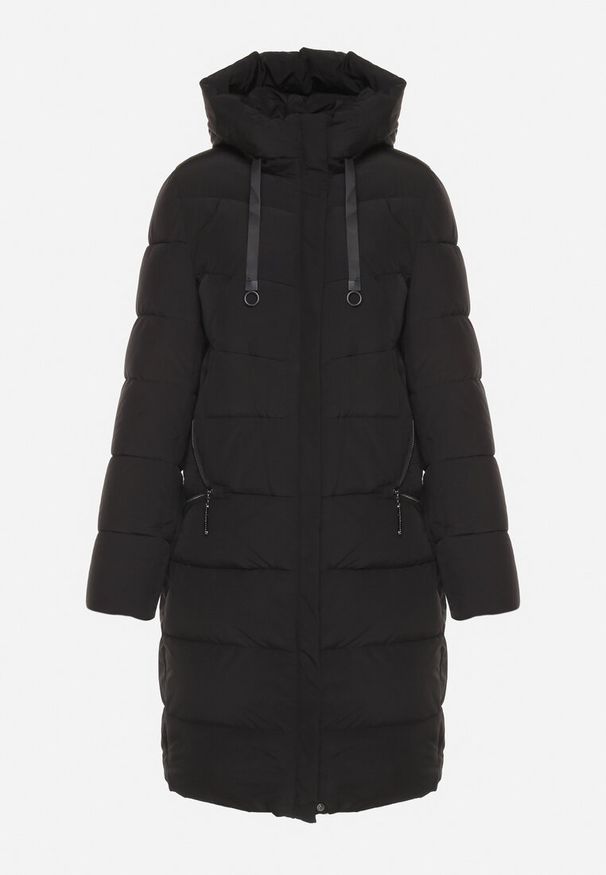 Born2be - Czarna Pikowana Kurtka z Kapturem i Wysokim Kołnierzem Avalentura. Okazja: na spacer, na co dzień. Typ kołnierza: kaptur. Kolor: czarny. Materiał: jeans. Sezon: zima. Styl: casual, klasyczny