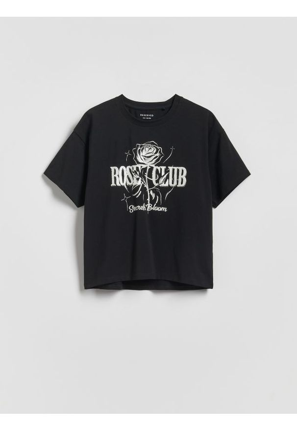 Reserved - T-shirt z metalicznym nadrukiem - czarny. Kolor: czarny. Materiał: bawełna. Wzór: nadruk