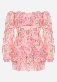 Born2be - Jasnoróżowa Wiskozowa Sukienka Hiszpanka z Falbanami i Paskiem w Kwiaty Virmoi. Okazja: na spacer, na co dzień. Typ kołnierza: dekolt hiszpanka. Kolor: różowy. Materiał: wiskoza. Wzór: kwiaty. Typ sukienki: proste. Styl: casual #4