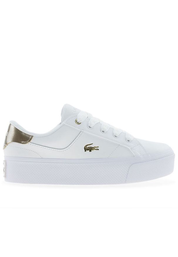 Buty damskie Lacoste Ziane Platform 126 1 CFA 751CFA0020-ALM - białe. Okazja: na co dzień. Zapięcie: sznurówki. Kolor: biały. Materiał: syntetyk, skóra, guma. Wzór: aplikacja. Obcas: na platformie
