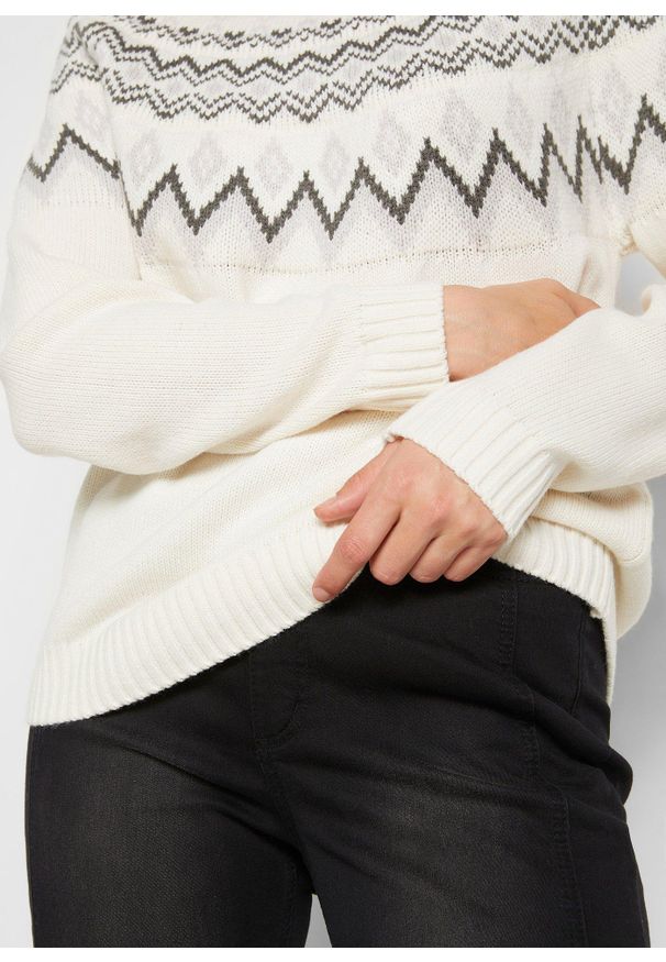 bonprix - Sweter z płytkim dekoltem, w norweski wzór. Kolor: biały