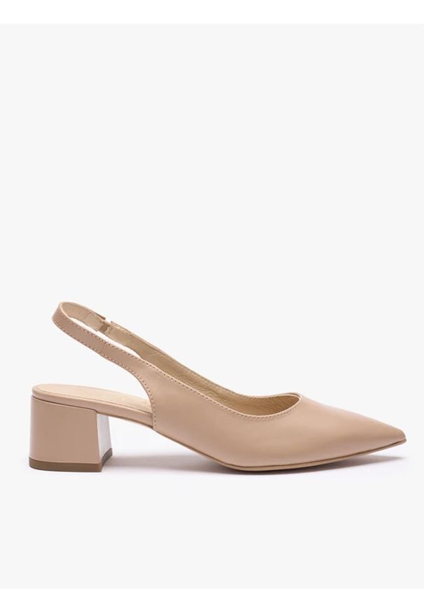 Ryłko - Beżowe czółenka bez pięty slingback na słupku. Okazja: na co dzień. Kolor: beżowy. Materiał: skóra. Obcas: na słupku. Styl: casual, street, elegancki. Wysokość obcasa: średni