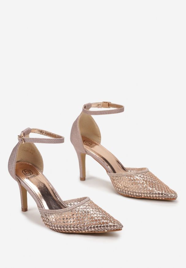 Born2be - Szampańskie Sandały na Szpilce z Siateczką w Cyrkonie Heliofa. Kolor: złoty. Obcas: na szpilce