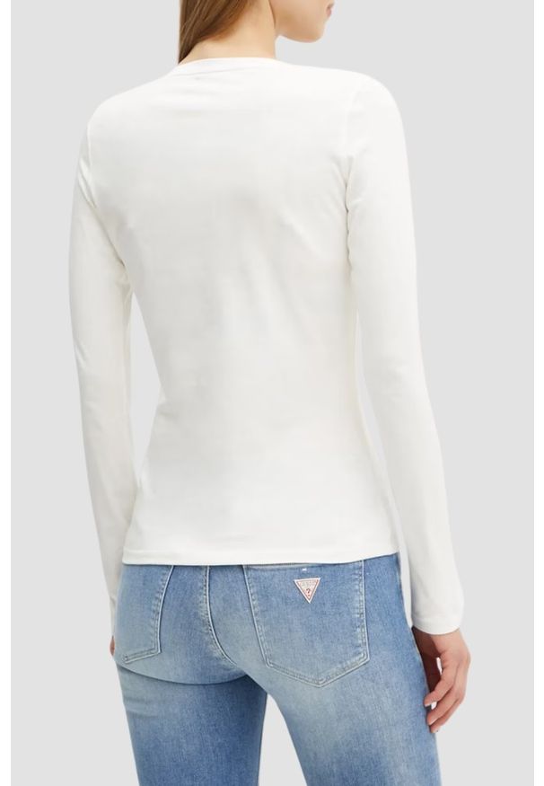 Guess - GUESS Biały damski longsleeve Love Tee. Kolor: biały. Długość rękawa: długi rękaw
